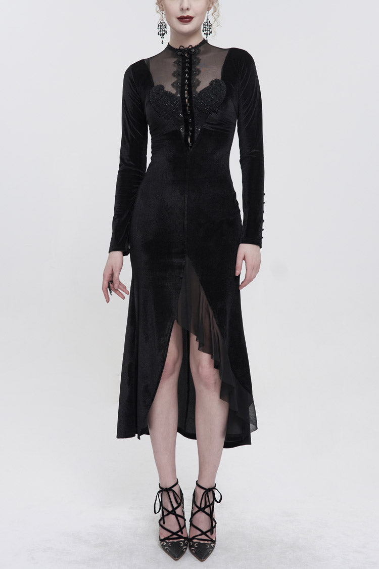 High Collar Paisley Lace Mesh Dress with Asymmetric Hem - Black Gothic