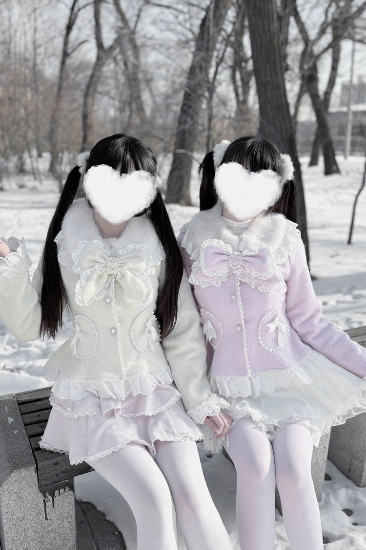Diamond Strawberry Long Sleeve Bow Lace Pearl-Adorned Sweet Jirai Kei Lolita Coat in Three Colors