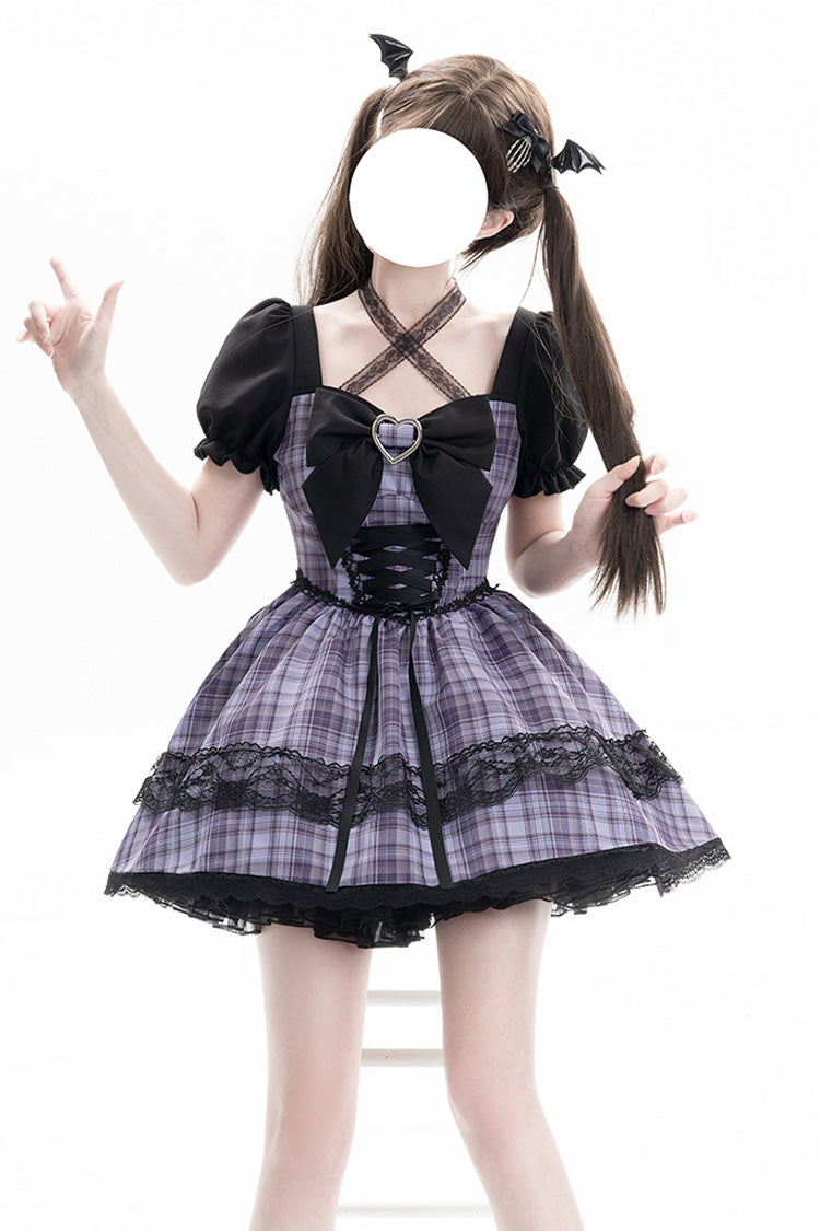 Purple Witch Time Short Puff Sleeves Plaid Print Bow Lace Sweet Dress