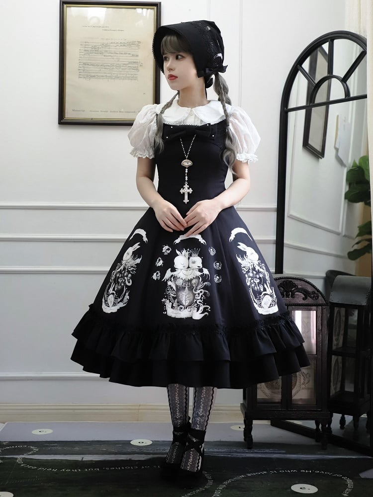 Dark Black Dress Print Waist Gothic Slim Fit Bunny Lolita