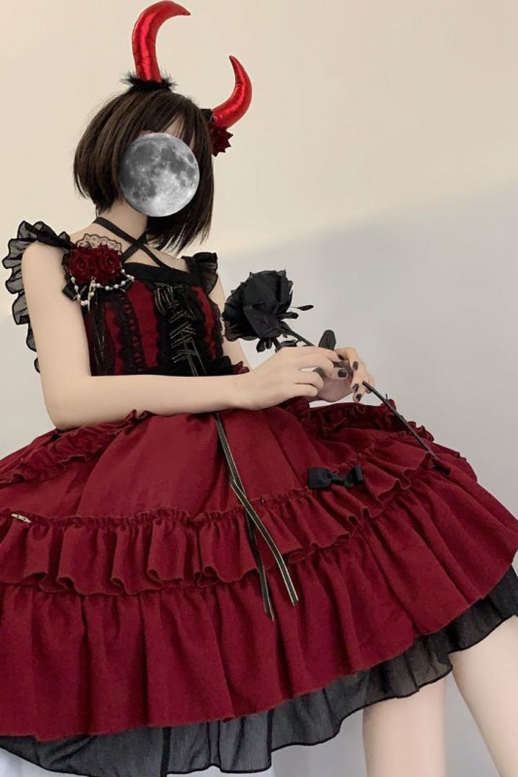Crimson Seven Deadly Sins Wrath Double-Layer Ruffled Stitch Lace Gothic Lolita JSK
