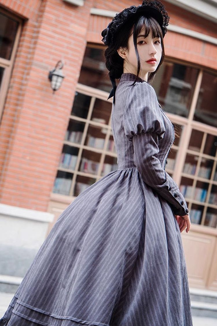 Gray Striped Long-Sleeved Classic Lolita Dress