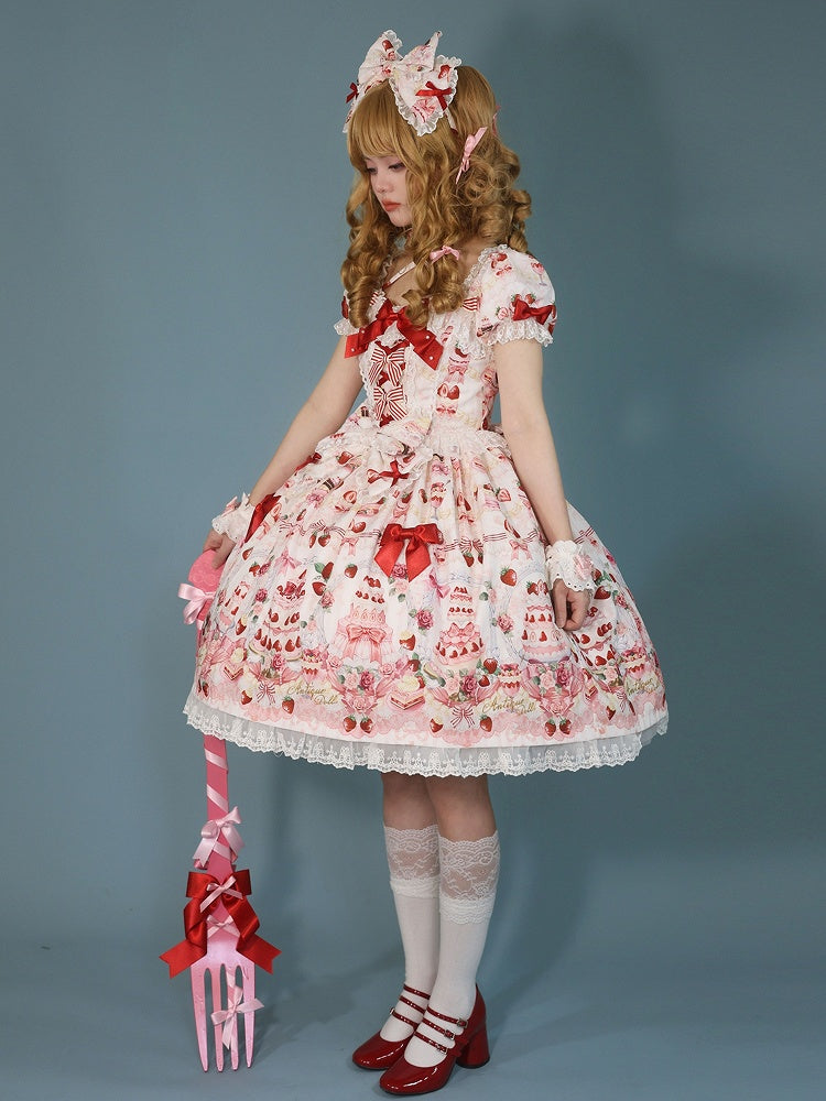 Sweet White Full Set Bow Cake Strawberry Accents Dress Print / Lolita