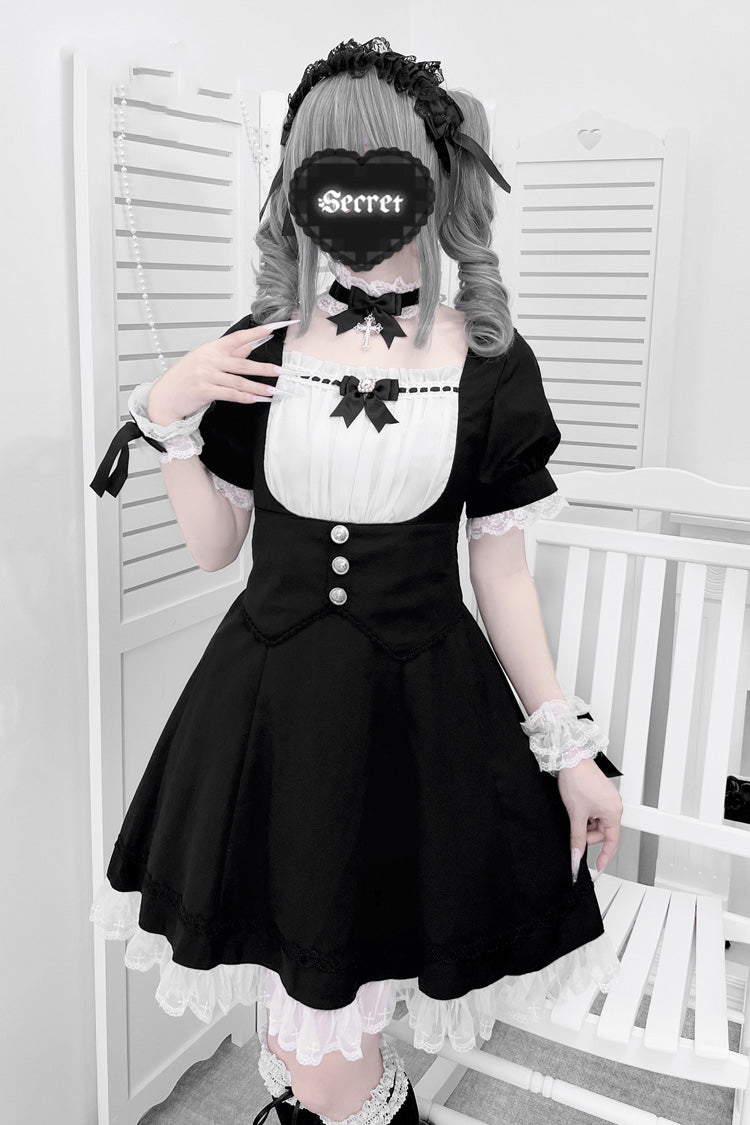 Monochrome Bow-Trimmed Cross-Waist Maid Ensemble with Short Ruffled Sleeves - Sweet Lolita