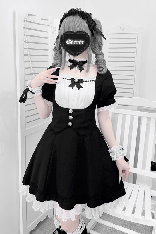 Monochrome Bow-Trimmed Cross-Waist Maid Ensemble with Short Ruffled Sleeves - Sweet Lolita