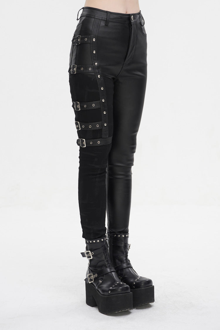 Leather Multi-Buckle Splice Punk Trousers for Women