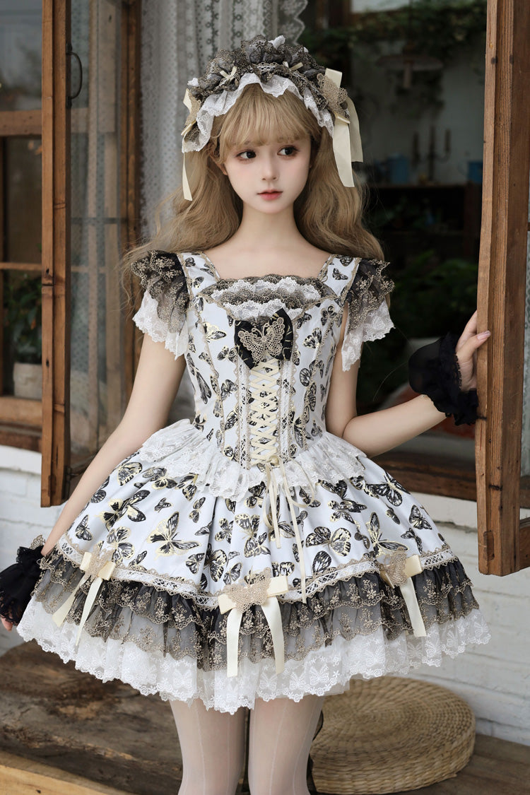 Golden Spirit Butterfly Print Sleeveless Ruffle Lace-Up JSK Dress Set