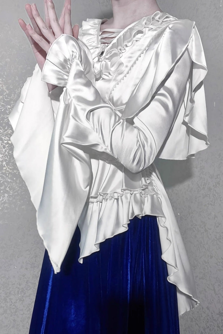 Echoes of the Deep Sea Hime Sleeve Ruffled Bow Corset Gothic Ouji Lolita Blouse in Four Shades
