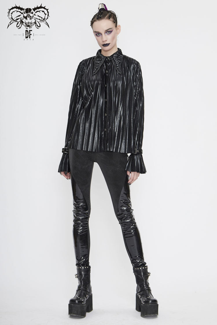 Edgy Studded Cuff Punk Blouse with Pleated Pointed Collar