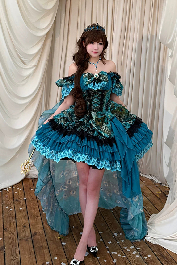 Peacock Spirit Princess Multi-Layered Ruffled Bow Lace-Up Classic JSK