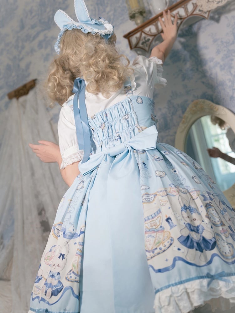 Alice Bunny Dress Lolita Print Blue and Clock Sweet
