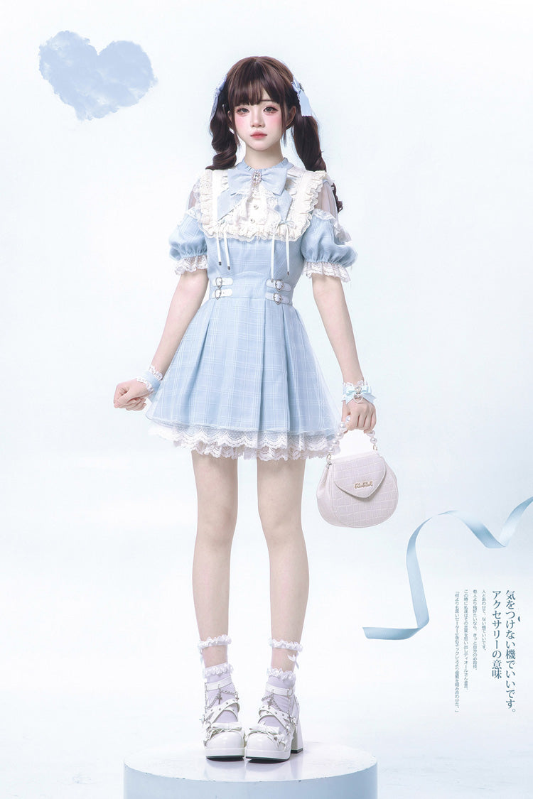Short-Sleeve Plaid Ruffled Lace Jirai Kei Japanese Lolita Dress