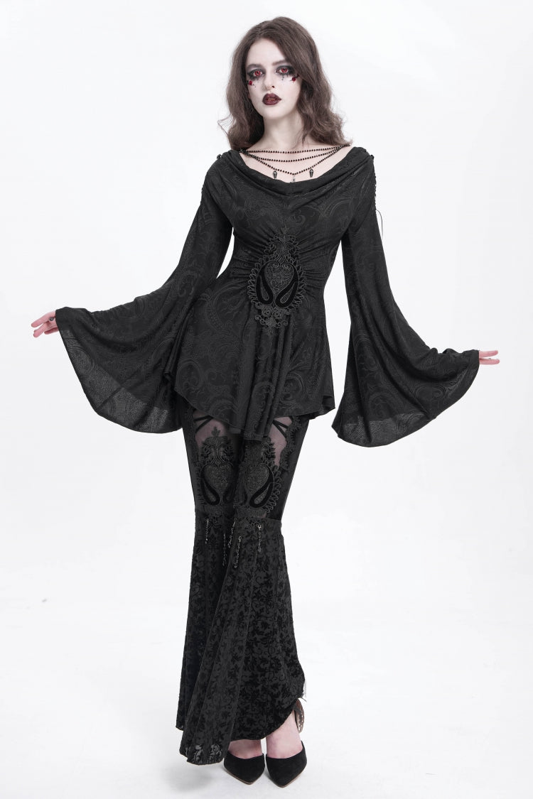 Floral Embroidered Flared Gothic Pants with Cutout Design for Women