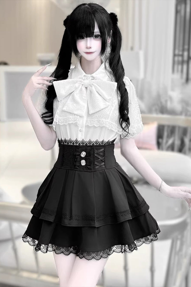 Gothic Embroidered Ruffled Top and Skirt Set with Lace-Up - Dark Moon Shadow