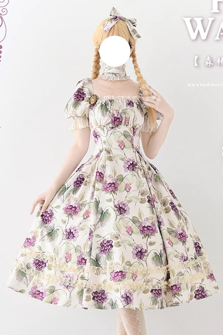 Botanical Print Ruffle-Trim Lace Summer Lolita Gown in Six Shades - Forest Basket