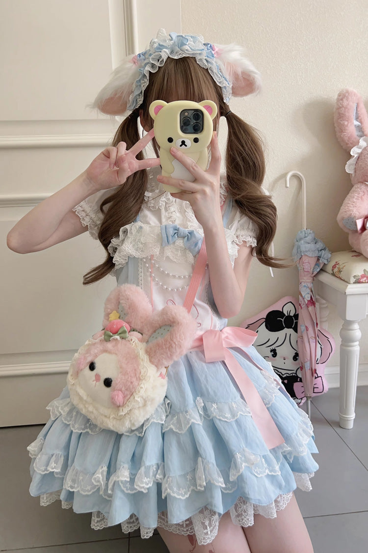 Blue Sleeveless Double Layer Ruffle Rabbit Embroidery Bow Lace Sweet Jsk