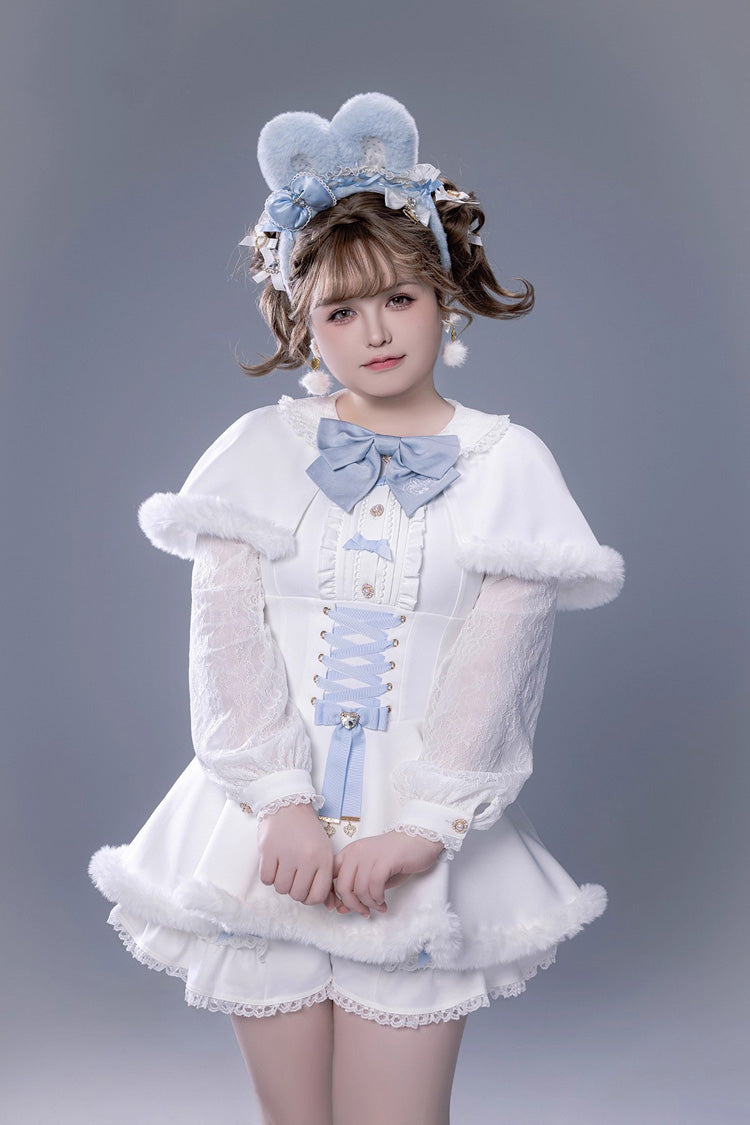 Ivory Ruffled Bow Lace-Up Japanese Dark Jirai Kei Plush Set