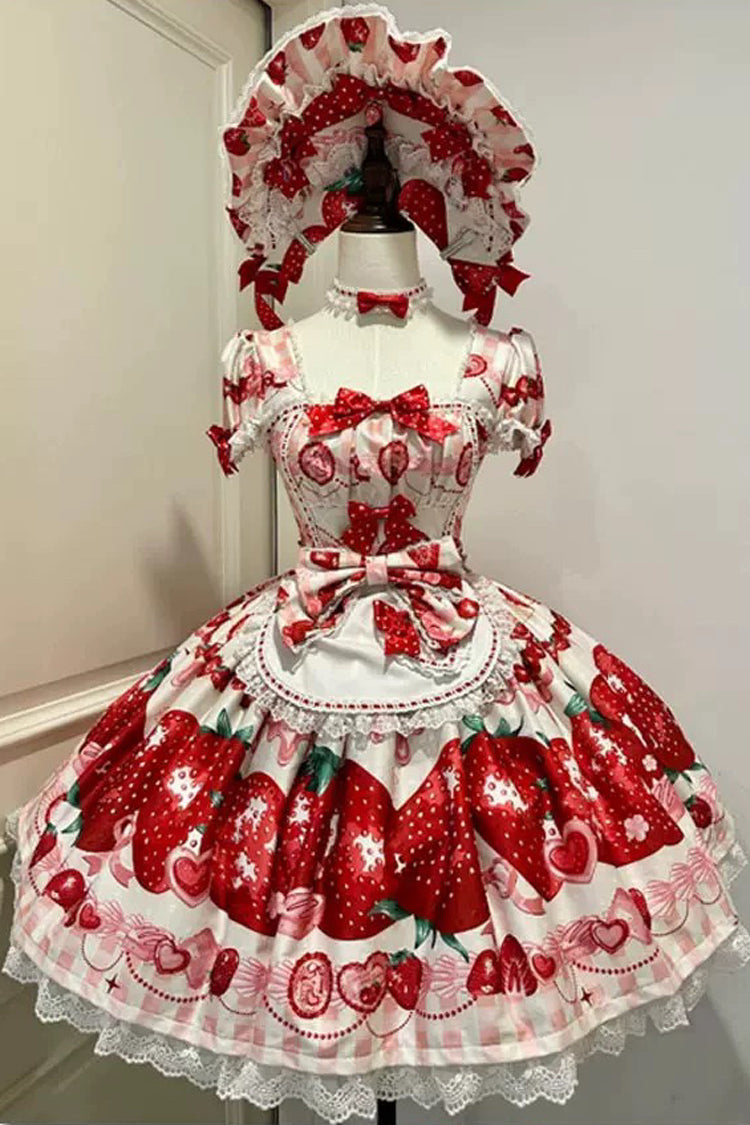 Dream to Strawberry Printed Short Sleeve Ruffle Bow Lace Sweet Lolita OP Dress in Four Colors
