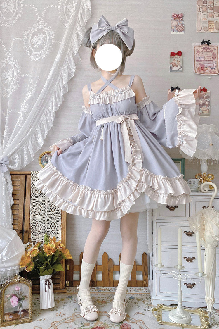 Sweet Lolita JSK Dress with Asymmetric Ruffle, High Waist, Grey Monet Estate