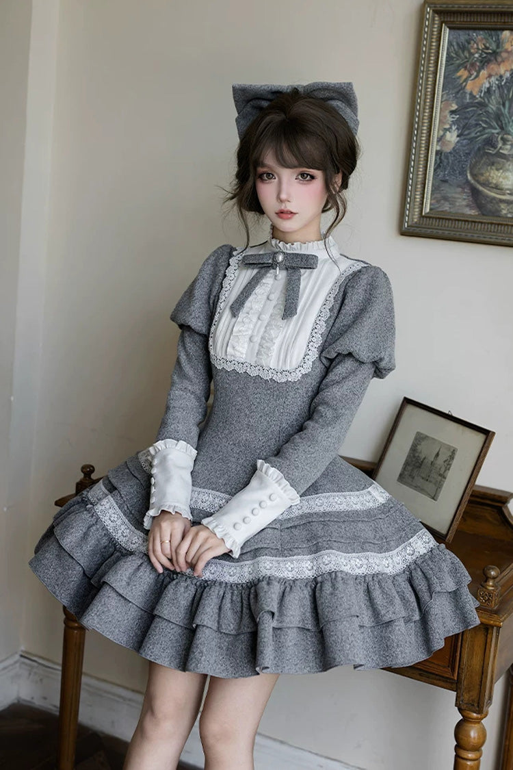 Ash Stand-Collar Ruffled Bow Lolita Gown with Poetry Motif