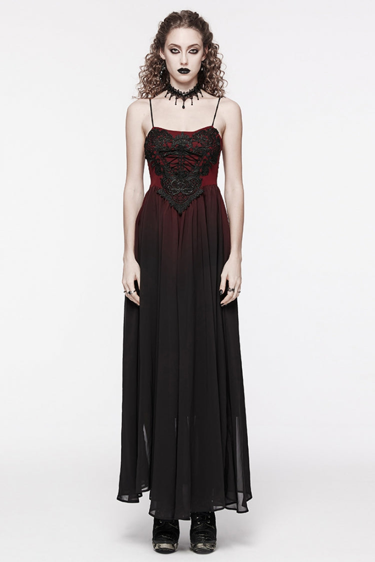 Dark Crimson Floral Embroidered Lace-Up Gothic Slip Dress