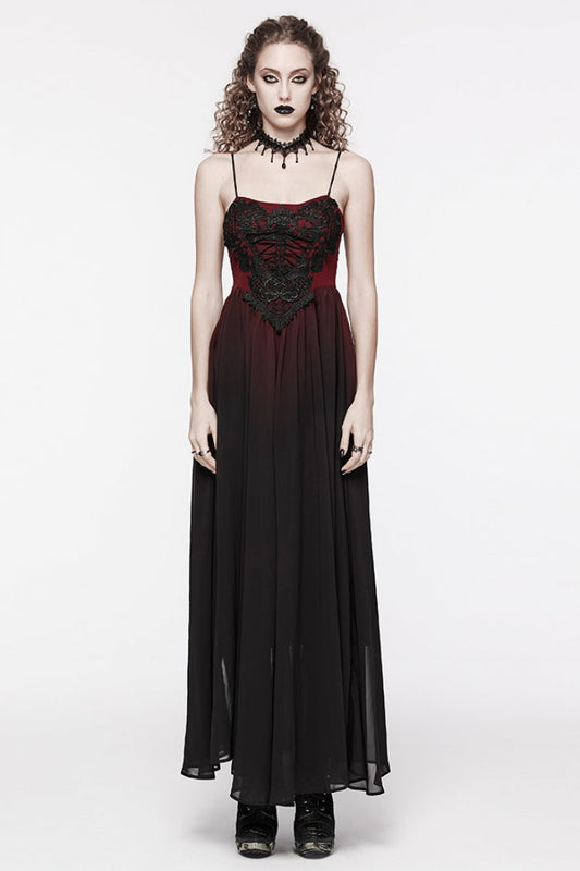 Dark Crimson Floral Embroidered Lace-Up Gothic Slip Dress