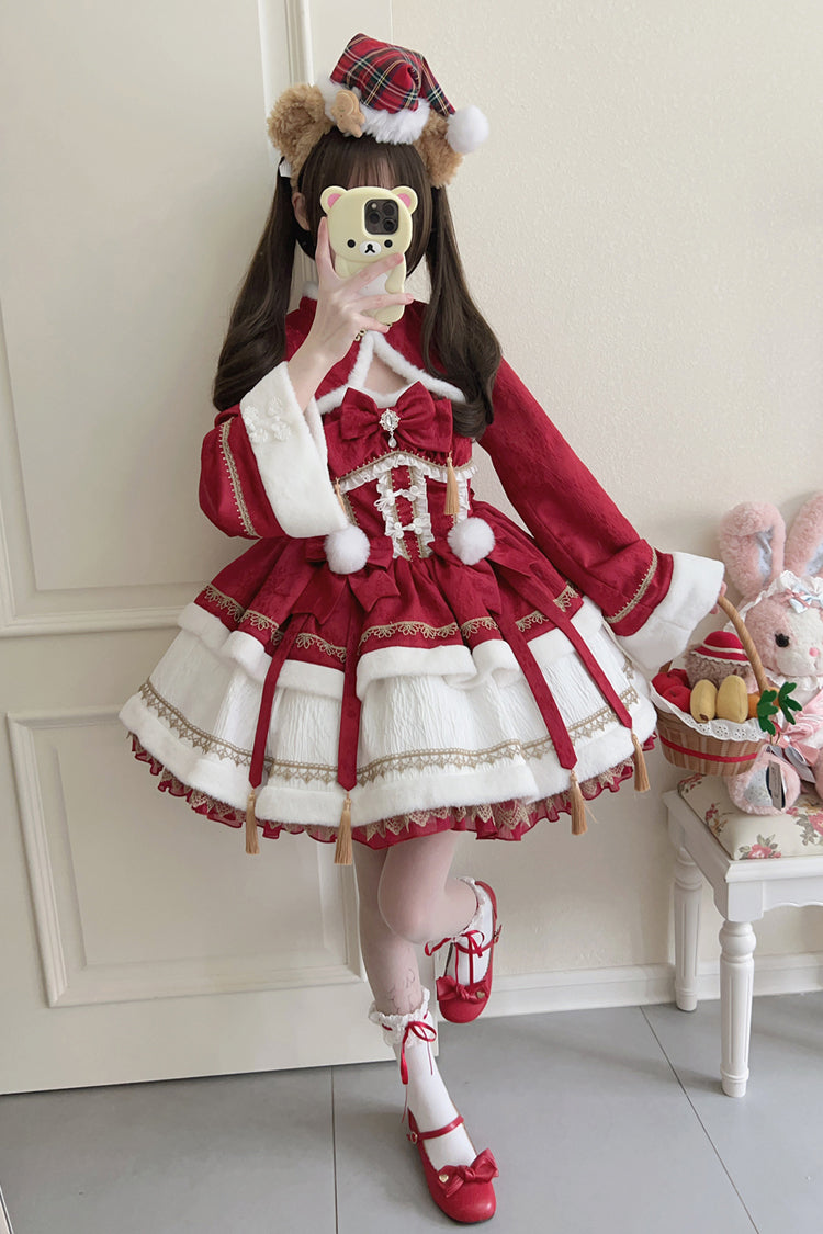 Crimson Snow Rabbit Long Sleeve Frill Bow Faux Two-Piece Sweet Lolita Gown