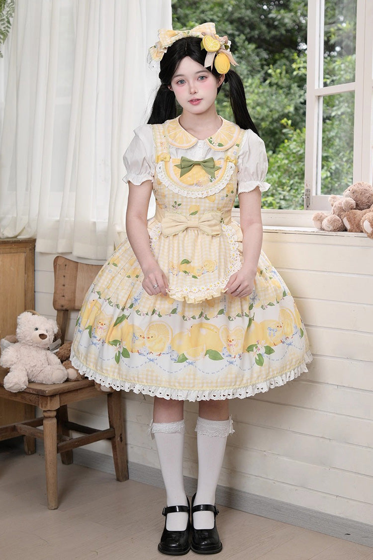 Sunshine Printed Ruffle Bow Lace Sweet Jumper Dress - Lemon Chicken