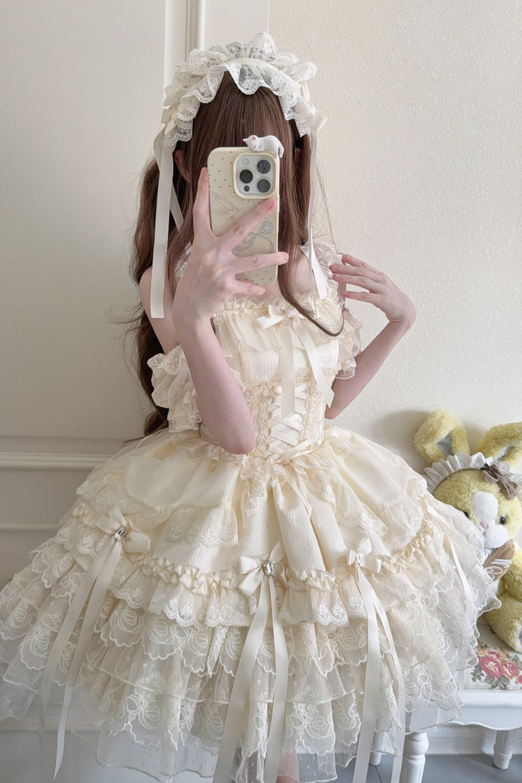 Peach Sleeveless Layered Ruffle Bow Lace Corset Ballet Jumper Dress - Ribbon Heart Love