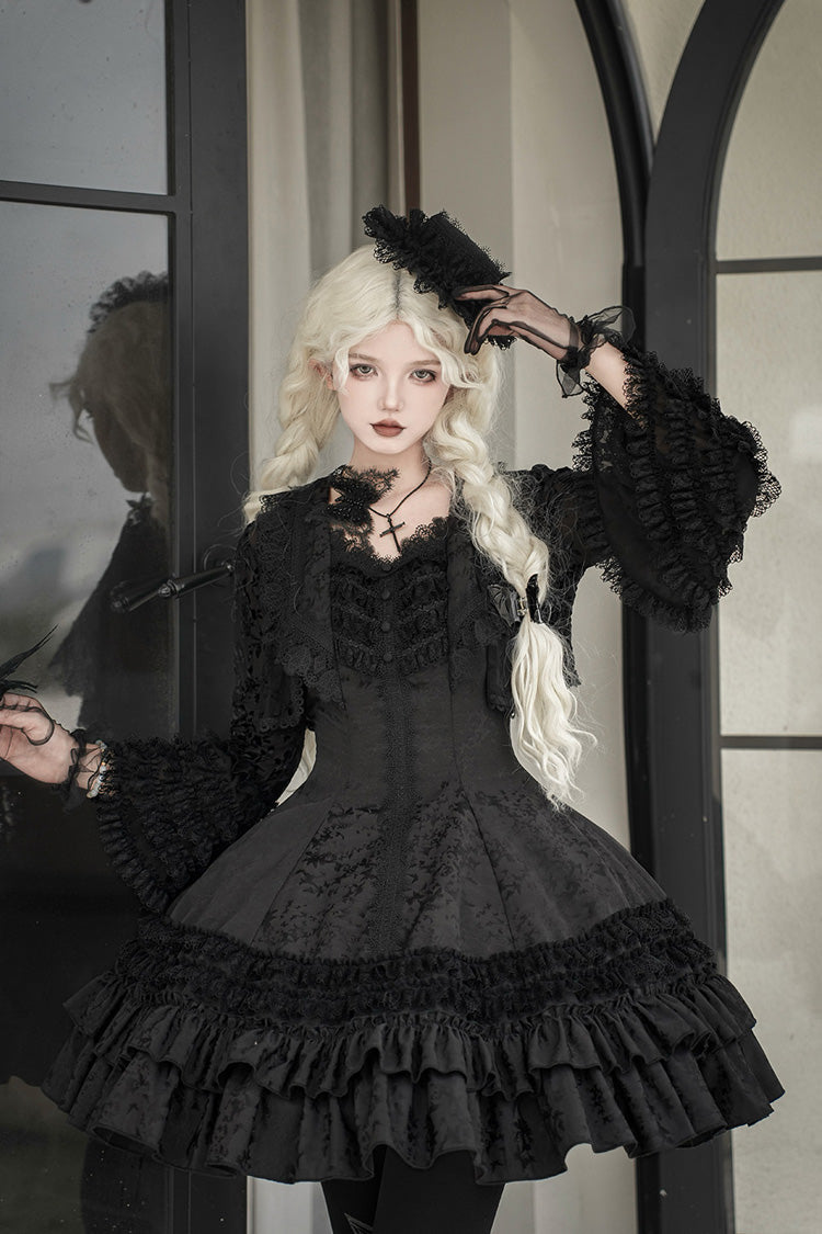 Escape Double-Layered Jacquard Striped Ruffled Slim Gothic Lolita Jumper Dress in Three Shades