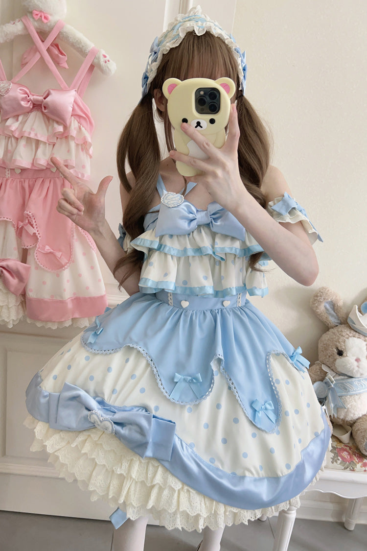 Blue Cream Polka Dot Ruffled Bowknot Sweet Lolita Jumper Dress