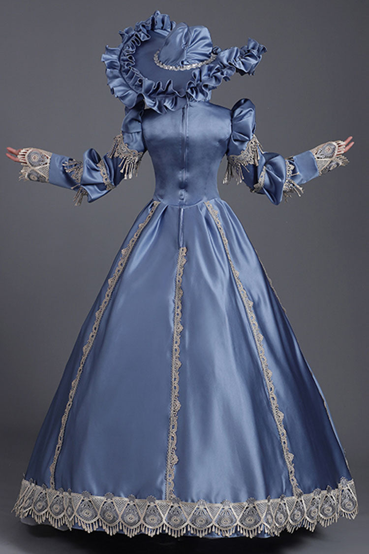 Blue Victorian Ruffled Dress with High Collar and Floral Embroidery - Altfashion Shop