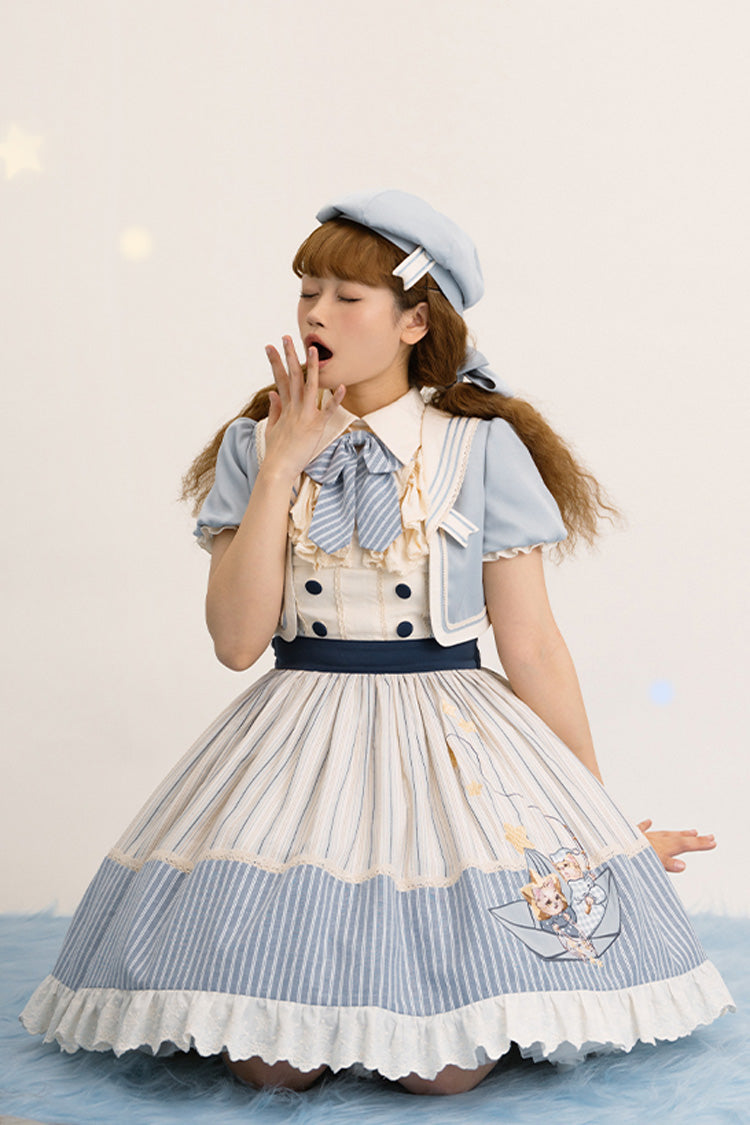 Navy Star-Print Ruffle Sleeveless Bowknot Sweet Lolita Dress