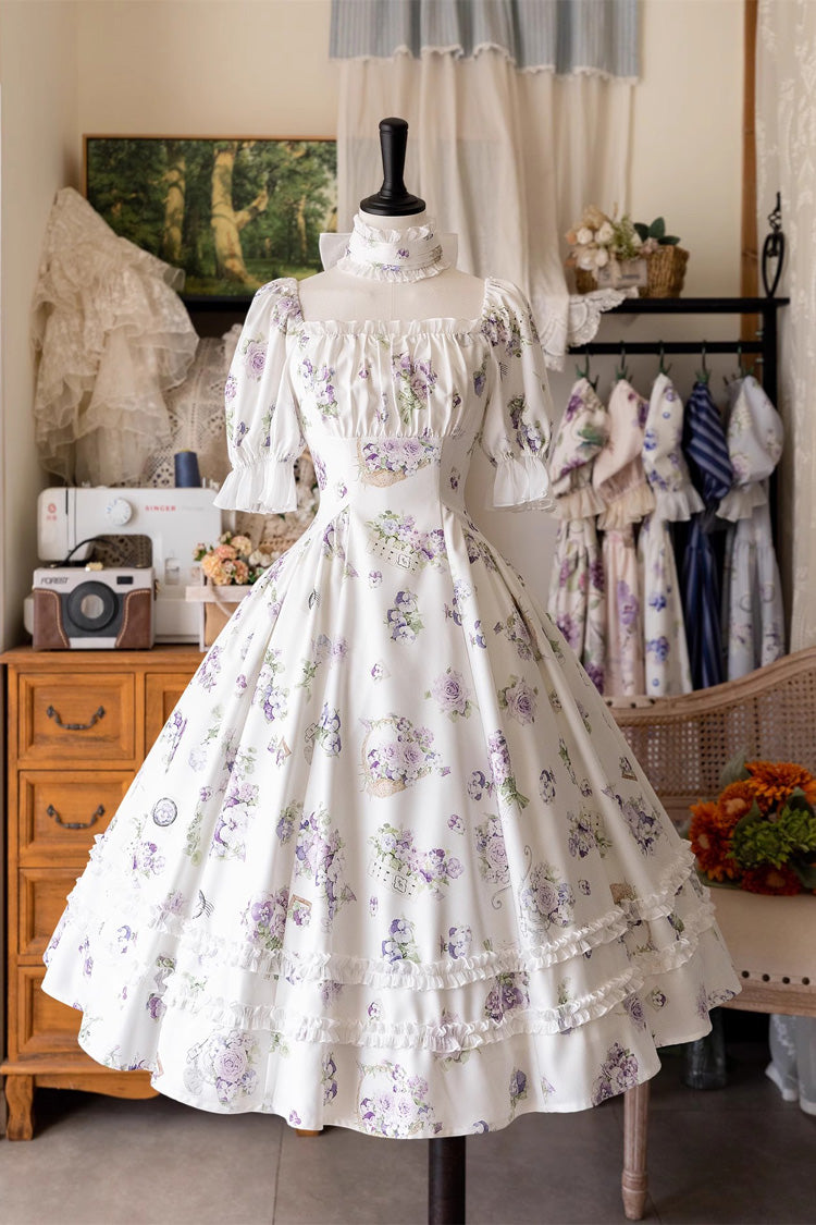 Botanical Print Ruffle-Trim Lace Summer Lolita Gown in Six Shades - Forest Basket