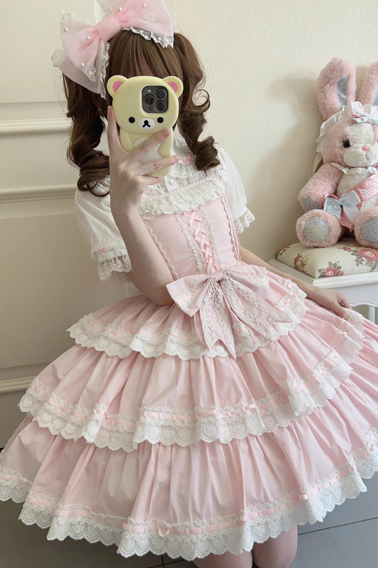 Pink Maiden Heart Triple Layer Ruffle Bow Lace Sweet Jsk