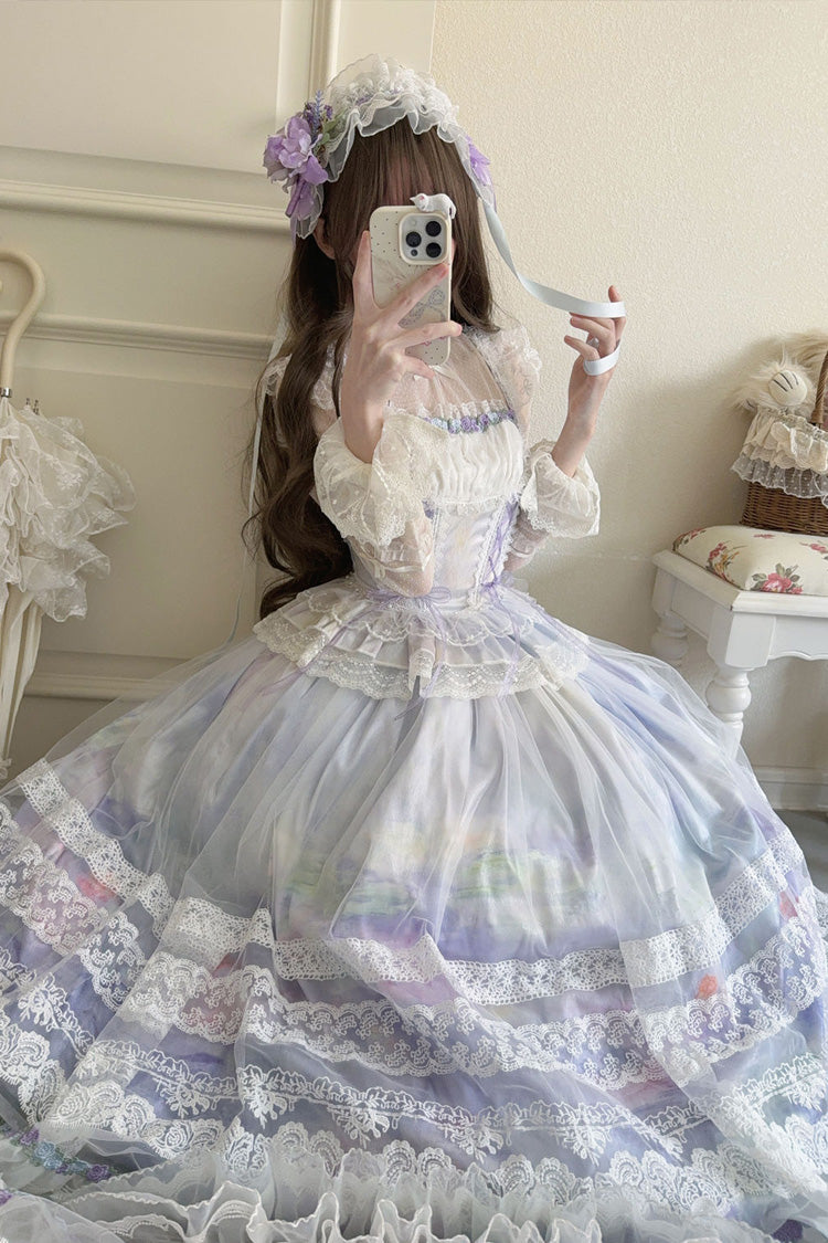 Light Purple Mist-shrouded Vineyard Sleeveless Ruffle Lace-Up Jsk Dress