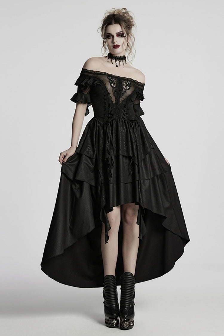 Jet Off-Shoulder Ruffle Sheer Gothic High-Low Prom Dress
