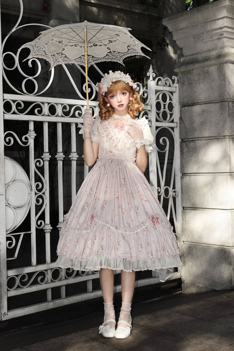Daydream Rose Floral Jacquard Print Ruffle Embroidered Bow Sweet Lolita Dress in Three Shades