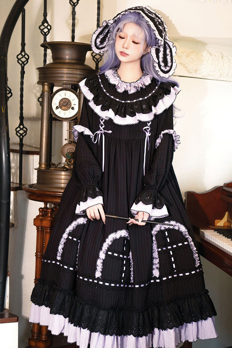 Noir Round Collar Long Sleeve Double Ruffle Lace-Up Dress - Twin Lilian