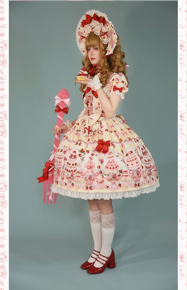 Accents Print Lolita Full Sweet Yellow Cake Bow Set Dress / Strawberry