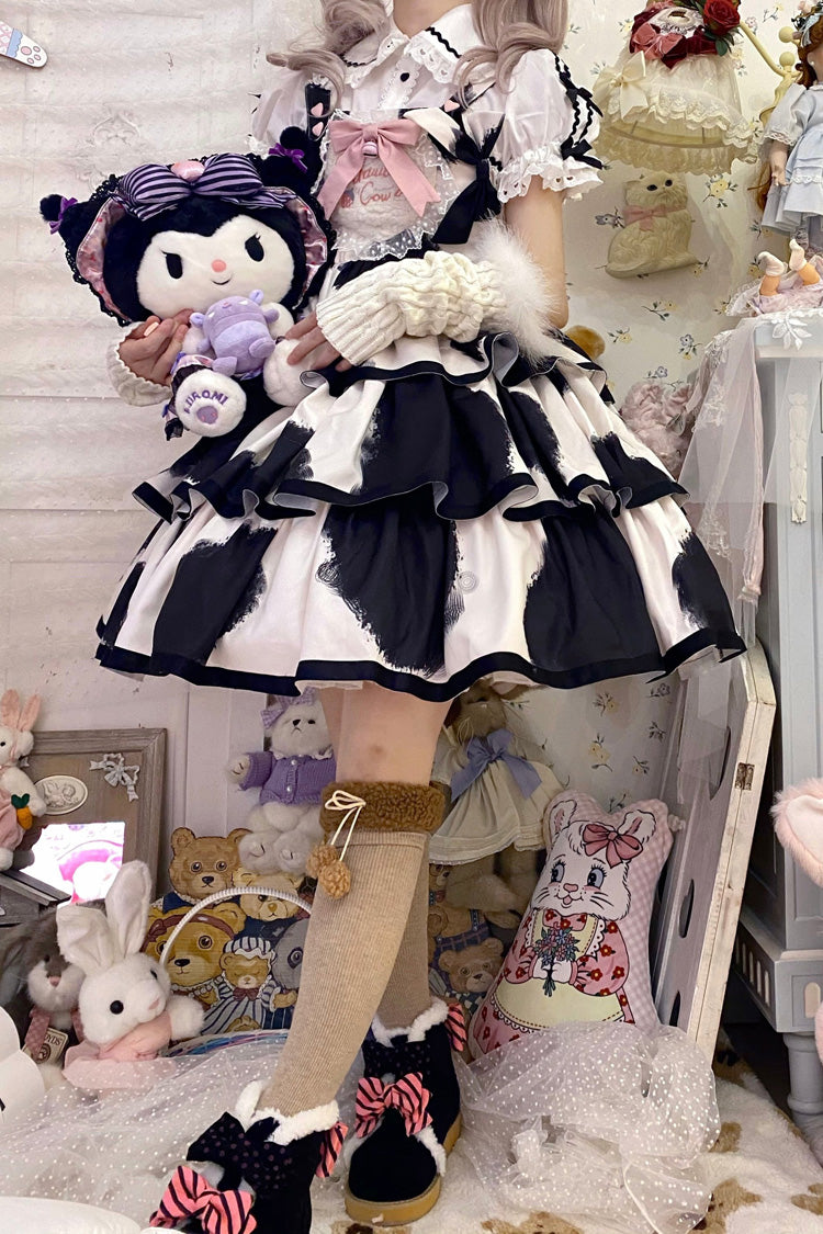Black Sleeveless Triple Layer Cow Print Ruffle Bow Sweet Jsk