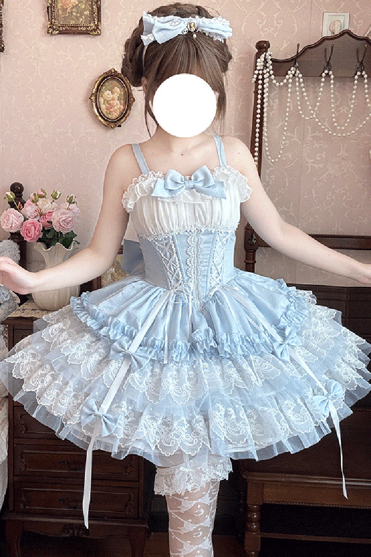 Indigo Sleeveless Triple Ruffle Bow Lace Corset Ballet Jumper Dress - Dance of Time