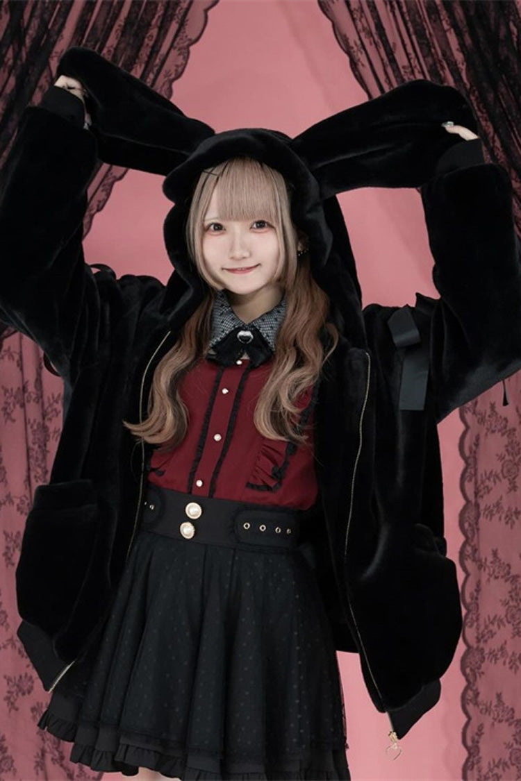 Rabbit-Ear Hooded Bow Lace-Up Long-Sleeve Noir Coat