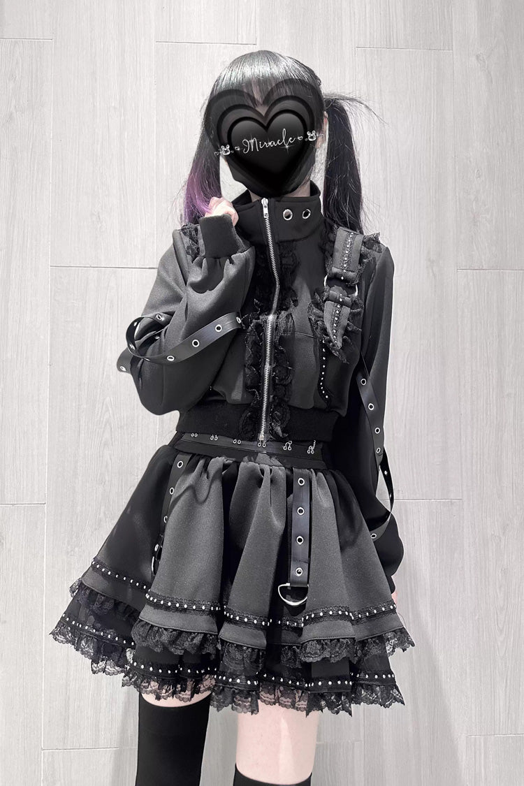 Ruffled Lace Zippered Gothic Jirai Kei Handsome Skirt Set