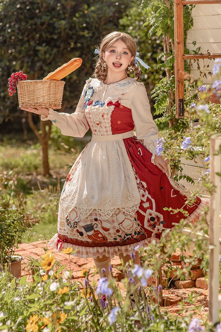 Scarlet Tea Party Printed Ruffled Bow Lace Sweet Elegant Lolita Jumper Dress