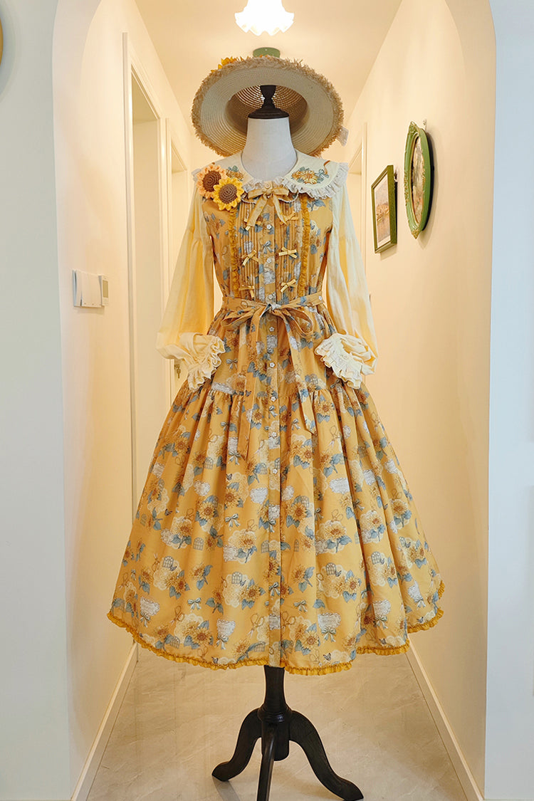 Yellow Sunflower Sleeveless Floral Bow Elegant Jsk Dress