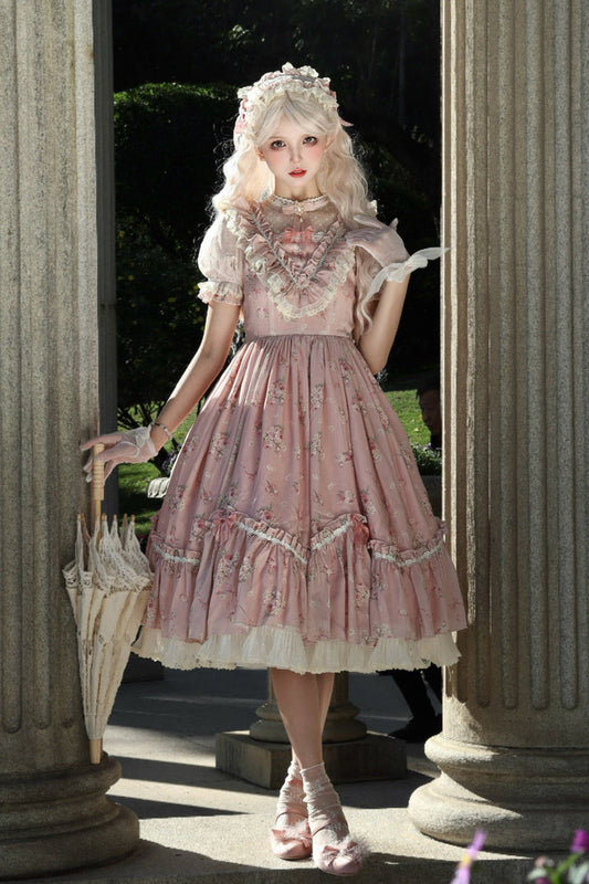 Daydream Rose Floral Jacquard Print Ruffle Embroidered Bow Sweet Lolita Dress in Three Shades