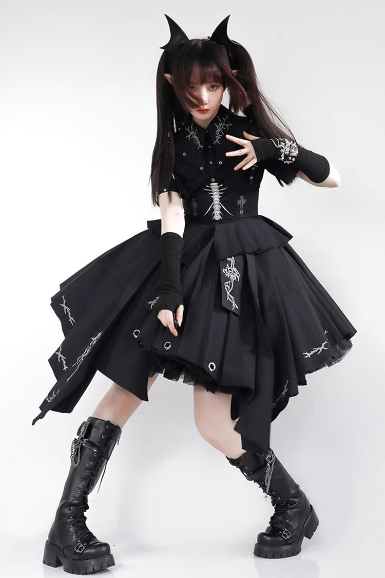 Nocturnal Rose Print Short-Sleeve Elegant Gothic JSK Dress