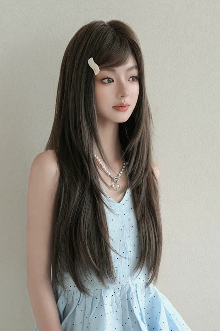 Fluffy Layered Straight Lolita Wig with Air Bangs - Cool Brown