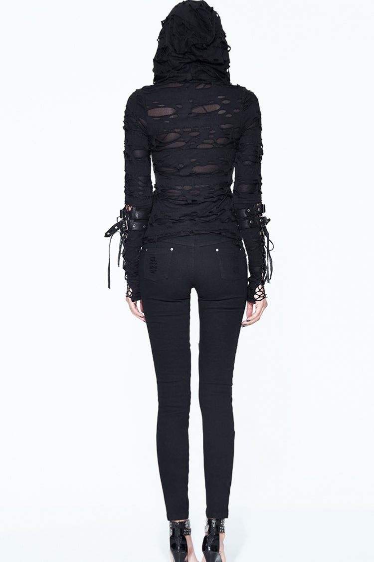 Women's Punk Shirt with Hooded Ripped Finger Covered Splice Mesh Leather Loop Lace Up